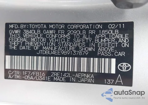 2011 Toyota Corolla Le from USA, damaged, VIN JTDBU4EE9B9137879